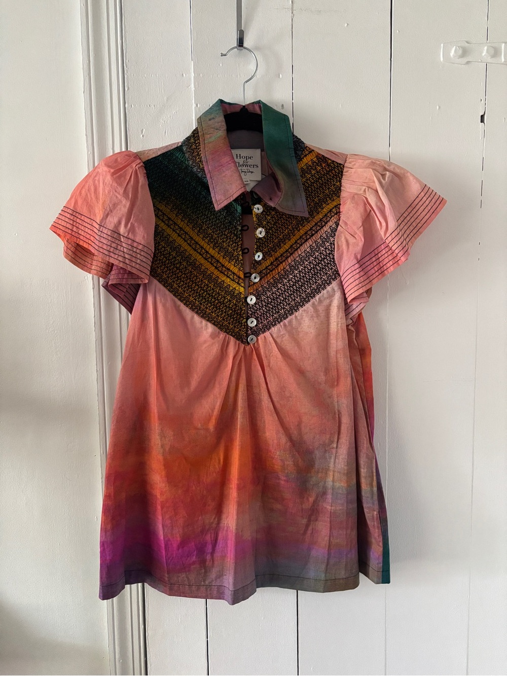 Hope for Flowers by Tracy Reese Pink Multi-Color Flutter Sleeve Cotton Top